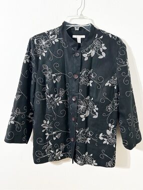 JM Collection Linen Black Embroidered Mandarin Collar Button Up Jacket Size 14